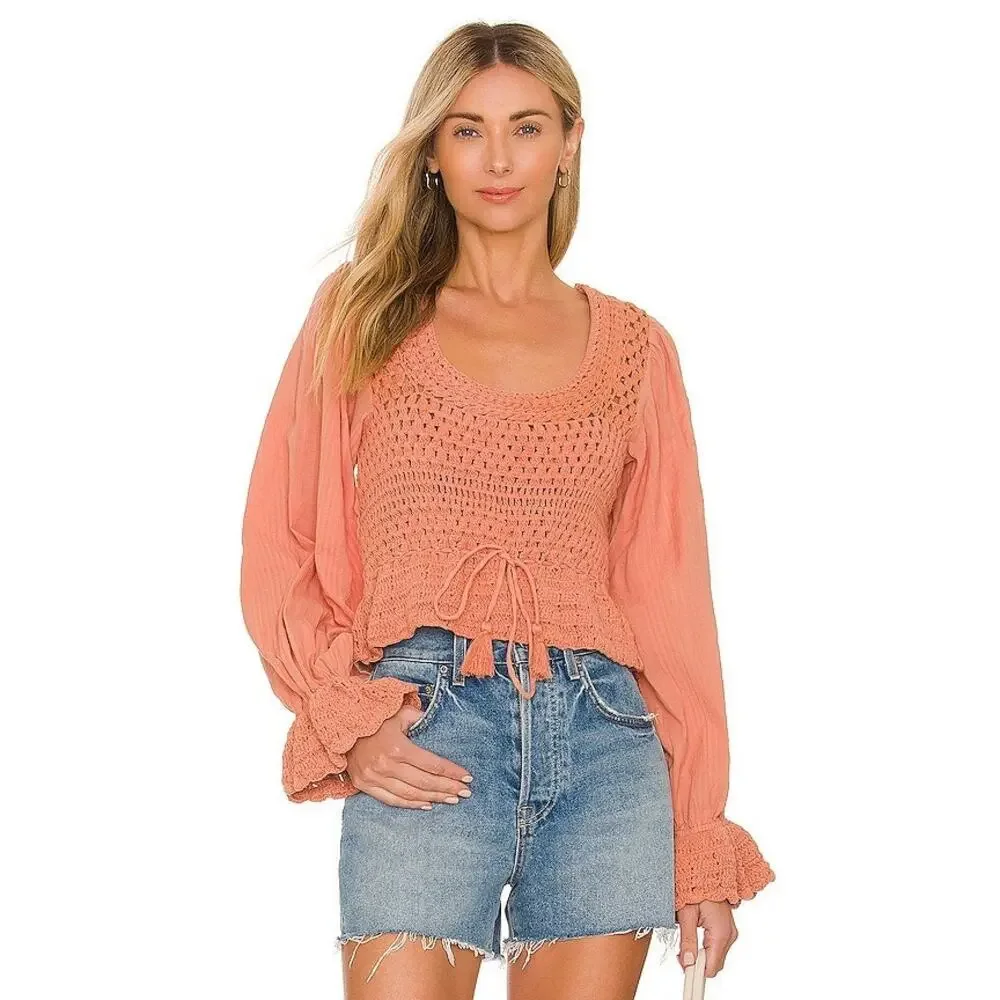 Free People Megan Crochet Knit Peplum Puff Sleeve Top Coral Sand Size Small NWOT